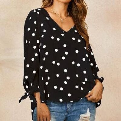 Long Sleeve Blouse In Black & White Polka Dot