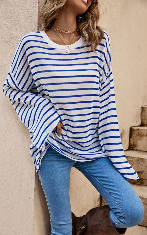 Long Sleeve Blue Bretton Stripe Sheer Top In White