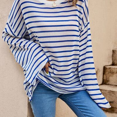 Long Sleeve Blue Bretton Stripe Sheer Top In White