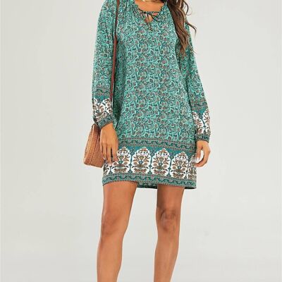 Long Sleeve In Green Floral Printed Mini Dress