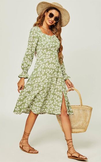 Robe mi-longue à manches longues et à imprimé floral vert 1