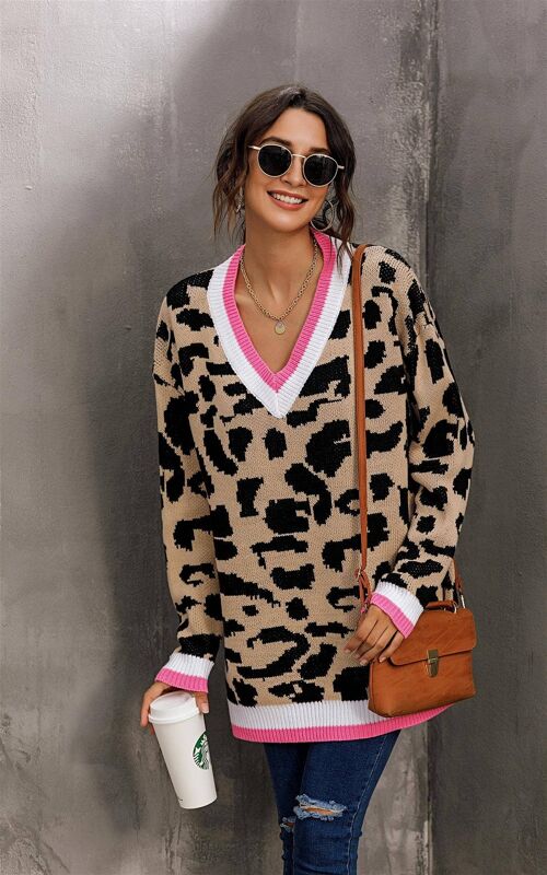 Long Sleeve V Neck Jumper In Beige Leopard Print & Pink White Striped