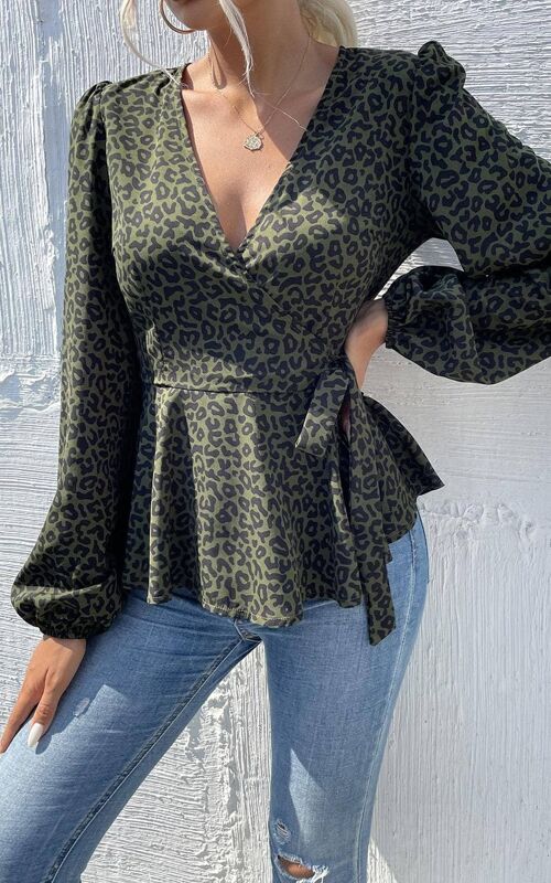 Long Sleeve V Neck Wrap Top/Blouse In Olive Green