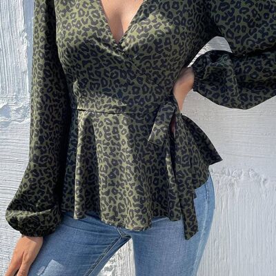 Long Sleeve V Neck Wrap Top/Blouse In Olive Green