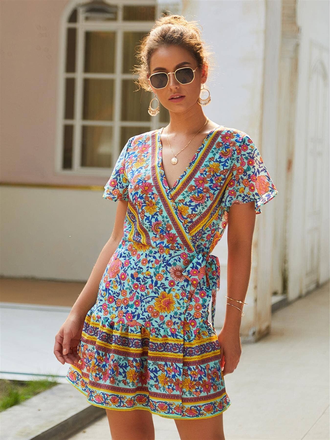 Mini abito Mae con stampa floreale color menta e giallo