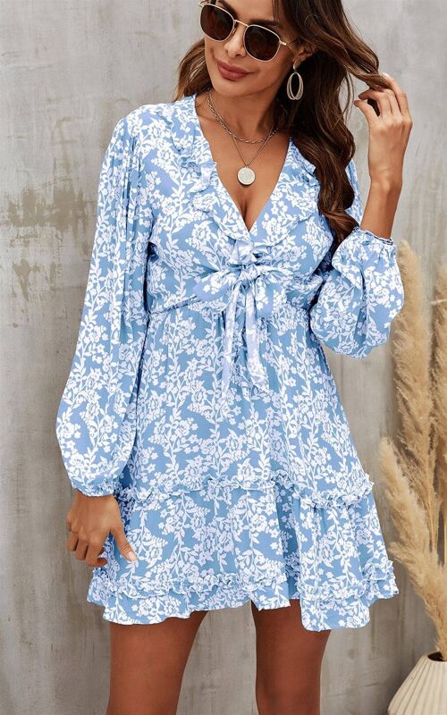 Mini Front Wrap Dress In Blue & White Floral Print