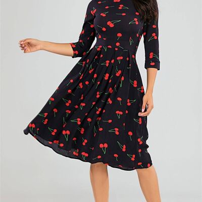 Navy & Red Cherry Printed Three Quarter Sleeve Pleated Dress