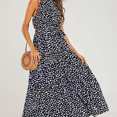 Robe mi-longue bleu marine à motif léopard et col licou