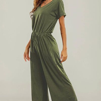 Olive Green Loose Jumpsuit With Short Sleeve