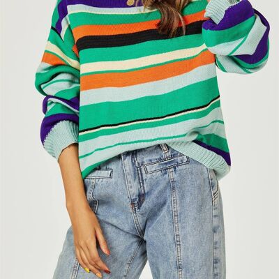 Orange Blue Yellow Black Stripe Relaxed Knit Jumper Top In Green