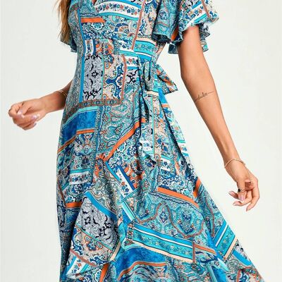 Paisley Print Hem Wrap Midi Dress In Blue