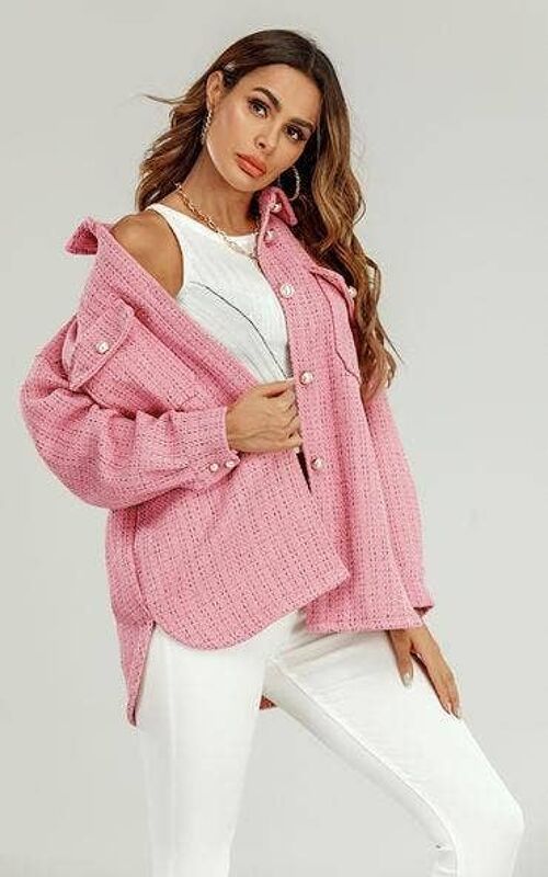 Pearl Buttons Check Oversized Shirt Jacket In Pink