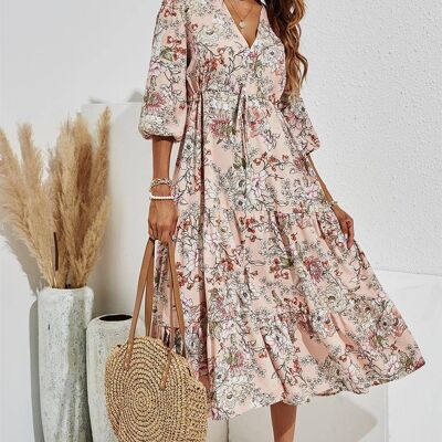 Pink & White Flora Print Tiered Long Sleeve Dress In Beige