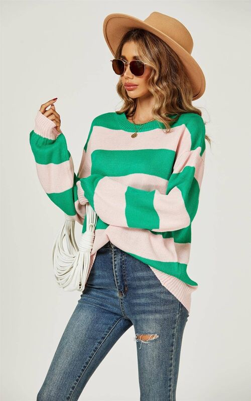 Pink Stripe Relaxed Knit Jumper Top In Green