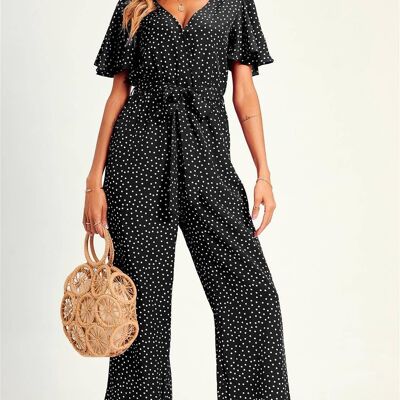 Polka Dot Angel Sleeve  Culotte Jumpsuit In Black