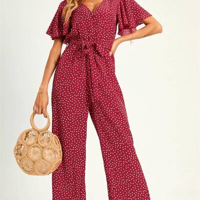 Polka Dot Angel Sleeve  Culotte Jumpsuit In Red