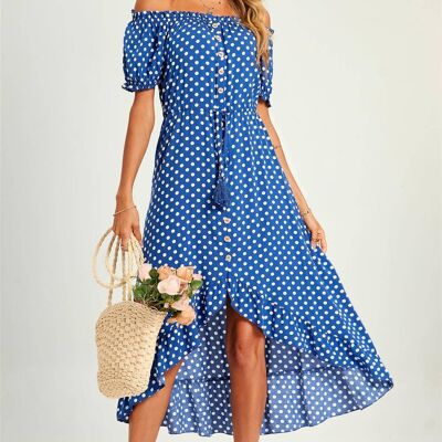 Polka Dot Bardot Frill High Low Slip Midi Dress In Blue