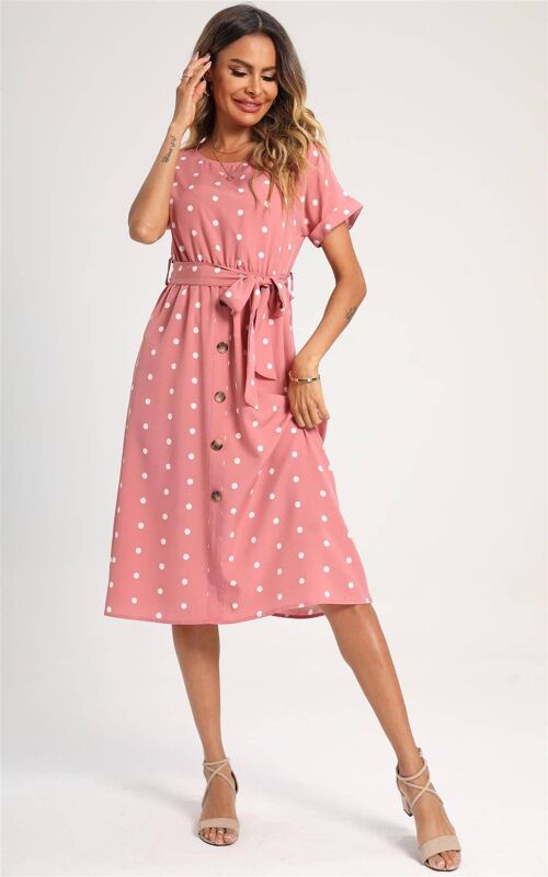 Polka Dot Button Detail Midi Dress In Pink