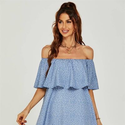 Polka Dot Print Bardot Frill Off Shoulder Mini Dress In Blue