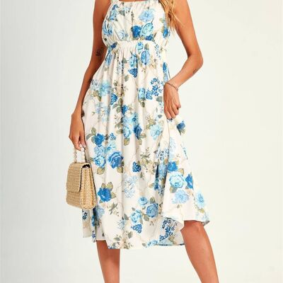 Pretty Flora Print Cross Back Midi Dress In White