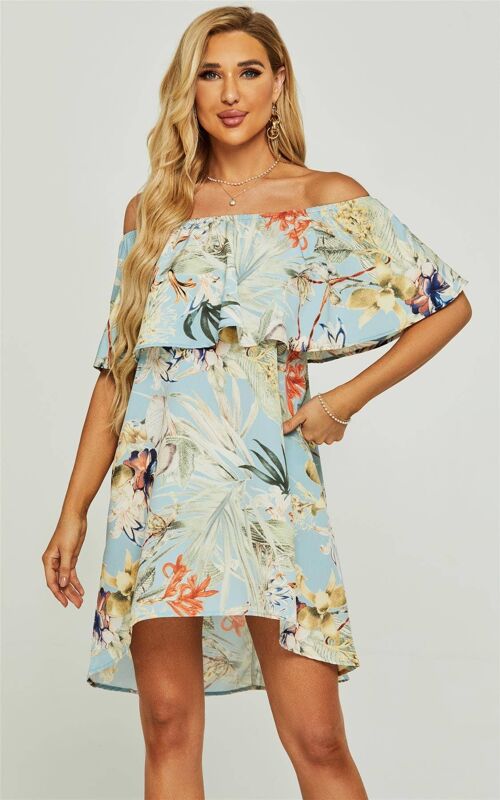 Pretty Floral Print Bardot Frill Off Shoulder Mini Dress In Blue