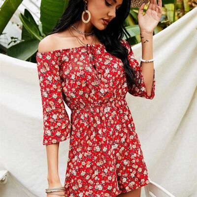 Pretty Floral Print Off Shoulder Playsuit In Red