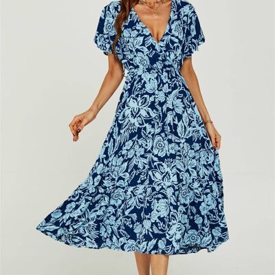 Pretty Floral Print Wrap Midi Dress In Blue