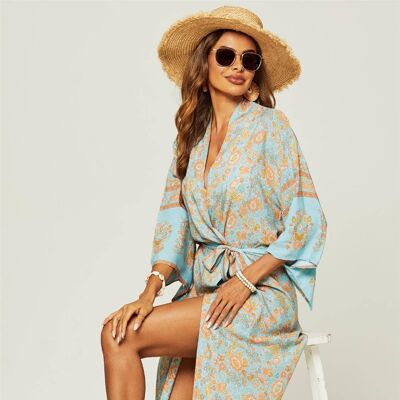 Pretty Relaxed Cotton Kimono In Blue Floral Print