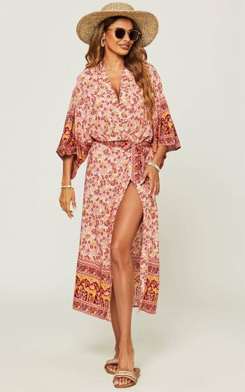 Joli kimono décontracté en coton à imprimé floral rouge rouille 4