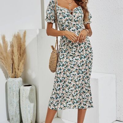 Puff Sleeve Midi Dress In White & Green Floral Print