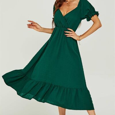 Puff Sleeve Wrap Style Midi Dress In Dark Green