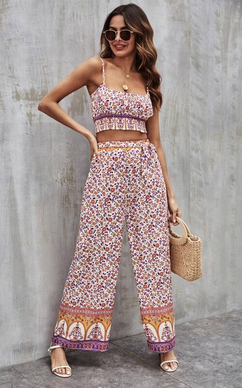 Purple & Red & Yellow Floral Print Summer Bralet Top And Pants In White