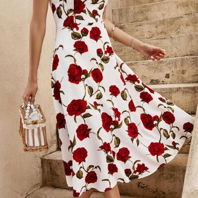 Red Roses Print Heart Neck Midi Dress In White