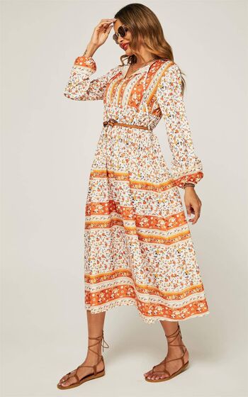 Robe mi-longue décontractée à imprimé floral couleur bloc en orange 2