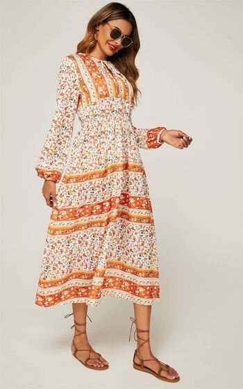 Robe mi-longue décontractée à imprimé floral couleur bloc en orange 3