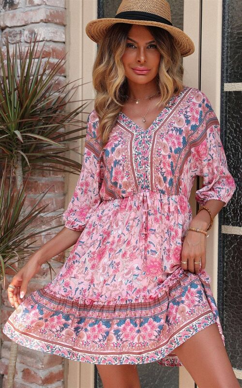 Relaxed Blue Floral Printed Skater Midi Dress In Pink