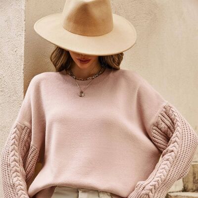Relaxed Cable Sleeve Knit Jumper Top In Camel