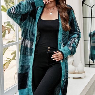 Relaxed Check Cozy Soft Cardigan In Petrol Blue