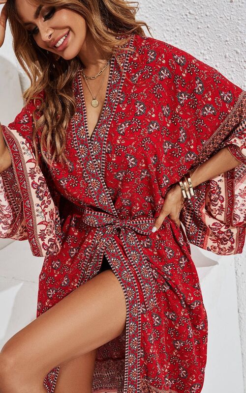 Relaxed Cotton Kimono In Red Floral