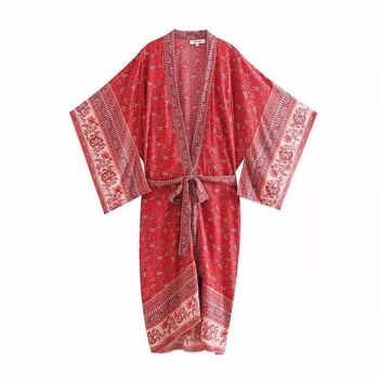 Kimono décontracté en coton à fleurs rouges 3