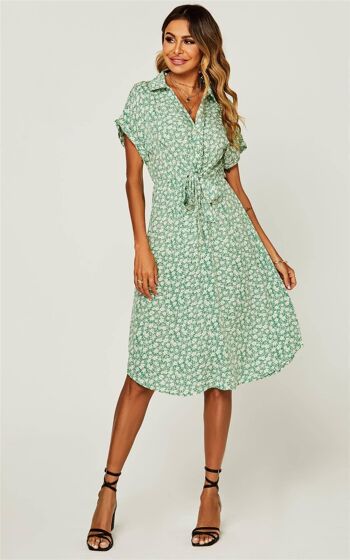 Robe chemise mi-longue boutonnée à imprimé fleuri décontractée en vert 1