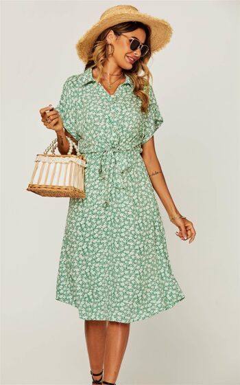 Robe chemise mi-longue boutonnée à imprimé fleuri décontractée en vert 2