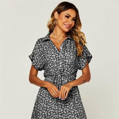 Relaxed Floral Print Button Down Midi Shirt Dress With Tie Waist