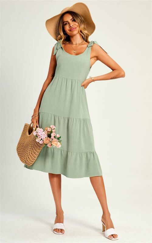 Relaxed Linen Self Tie Shoulder Tiered Midi Dress In Green