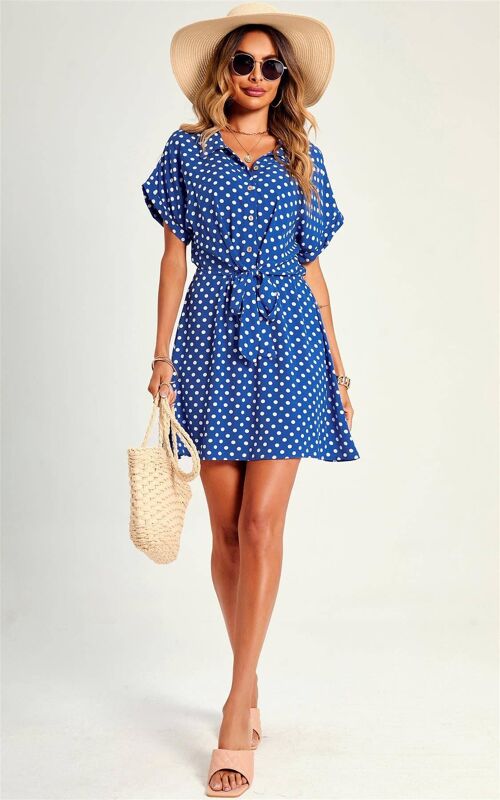 Relaxed Polka Dot Print Tie Front Mini Shirt Dress In Blue