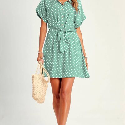 Relaxed Polka Dot Print Tie Front Mini Shirt Dress In Green