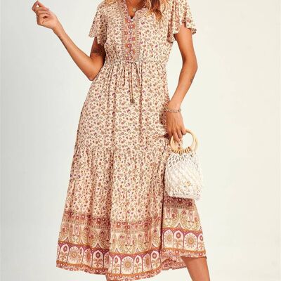 Relaxed Red Floral Printed Tiered Midi Dress In Beige