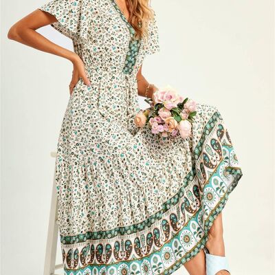 Relaxed Red Floral Printed Tiered Midi Dress In Green