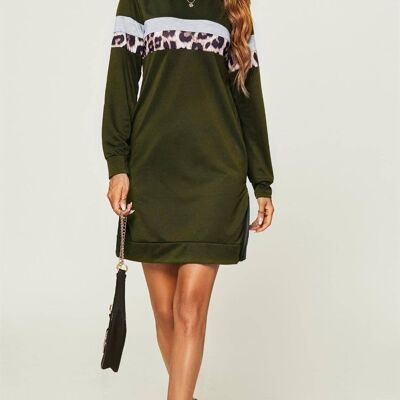 Relaxed Tunic Sweatshirt Mini Dress With White Animal Stripe In Olive Green