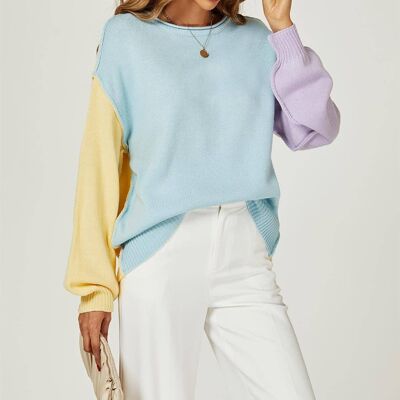 Relaxed Yellow & Purple Block Colour Jumper Top In Blue